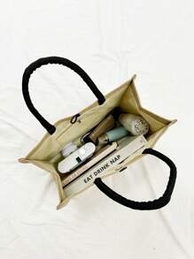 Khaki Tote Bag Two Pieces Set, Along With A Small Makeup Bag, "God" Letter Bow Zipper Women's Makeup Bag - Khaki - View 2