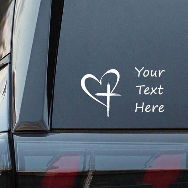 2pcs Custom Heart & Cross Text Stickers, Unisex, Jesus Bless, Essential Car Exterior Accessories Stickers, White, Universal For BMW, Mercedes, Audi, VW Etc., Suitable For Laptops, Cars, Notebooks, Windows And Other Smooth Surfaces