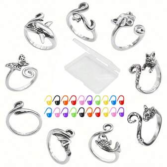 9pcs Adjustable Crochet Stitch Markers Set, Animal & Plant Crochet Locking Stitch Markers Tools, Crochet Ring For Yarn Guide, Finger Protector For Knitting And Crocheting, Women Knitting And Crochet Accessories (Random Color Plastic Stitch Markers)