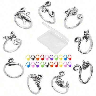 9pcs Adjustable Crochet Stitch Markers Set, Animal & Plant Crochet Locking Stitch Markers Tools, Crochet Ring For Yarn Guide, Finger Protector For Knitting And Crocheting, Women Knitting And Crochet Accessories (Random Color Plastic Stitch Markers)