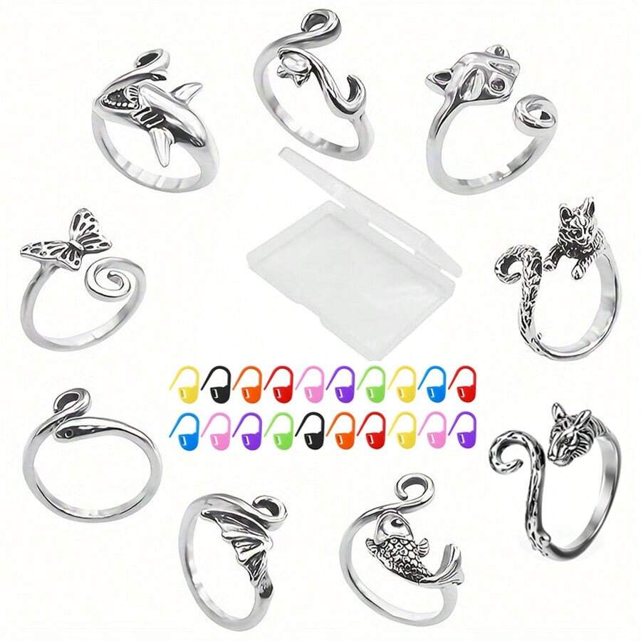 9pcs Adjustable Crochet Stitch Markers Set, Animal & Plant Crochet Locking Stitch Markers Tools, Crochet Ring For Yarn Guide, Finger Protector For Knitting And Crocheting, Women Knitting And Crochet Accessories (Random Color Plastic Stitch Markers)