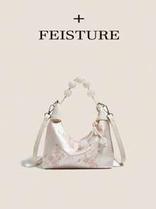 1pc Solid Color Nylon Fabric Chinese Style Embroidered Tote Bag, Suitable For Shopping, Dating, Women's Gift, Suitable For Office Ladies, Ideal For Office, College, Work, Commuting - White - View 2