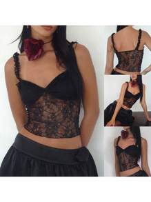 Women's Summer Fashion Cami Tops Black Sleeveless Open Back Lace Floral Cropped Vest - Black - View 7