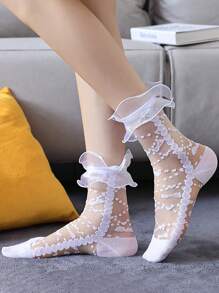 1/2/4 Pairs Lace Trim Sheer Glass Silk Knee High Socks, Transparent Crochet Lolita Socks, Thin Mesh Bow Ankle Socks, Women Hosiery Stockings - Multicolor - View 3