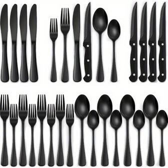 Ensemble de 5 pièces plus couteaux à steak 1010 Main, ensemble de couverts noir de 24 pièces avec couteaux à steak, set de couverts noir de 4 personnes, ensemble de vaisselle en acier inoxydable, set d'ustensiles à finition miroir pour la maison, les restaurants et les fournitures scolaires
