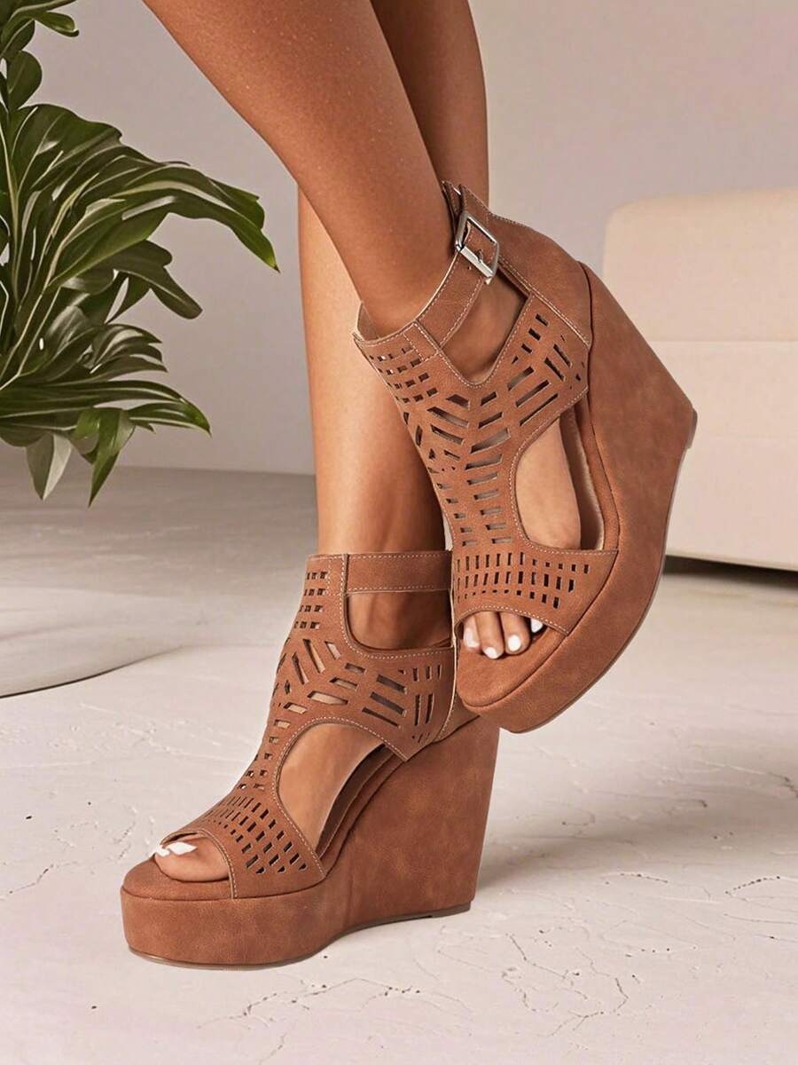 Summer Platform Wedges High Heels Women Sandals Hollow Out Fashion Thick-Soled Vacation Minimalist Bohemian Zip Comfy Shoes - 棕色 - 查看 1