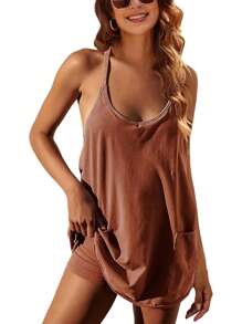 Women Athletic Mini Dresses Built-In Shorts Set Summer Sleeveless Sundress Hot Shot Mini Dress - Rust Brown - View 1