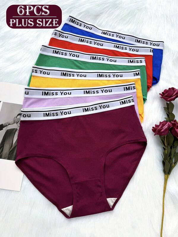 6pcs/Pack Plus Size Women Minimalist Briefs, High Elastic Soft Breathable Comfort Fitting Letter Waistband Panties
