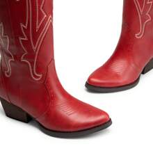 Womens Vintage Embroidered Western Boots Cowboy Knee High Boots Comfortable Pull On Side Zipper Chunky Heel Cowgirl  Retro Tall Boots - 紅色 - 查看 8