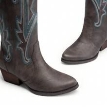 Womens Vintage Embroidered Western Boots Cowboy Knee High Boots Comfortable Pull On Side Zipper Chunky Heel Cowgirl  Retro Tall Boots - 棕色 - 查看 7