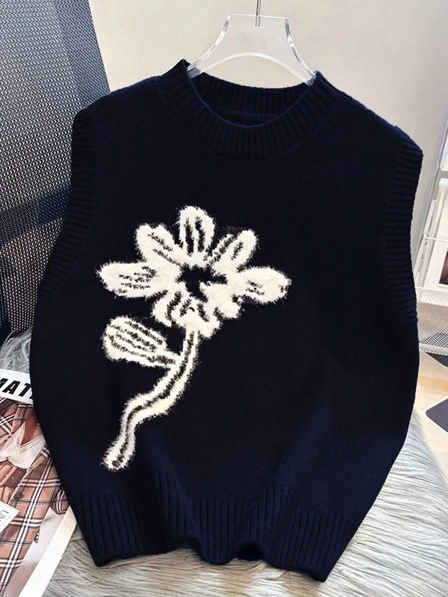 女士拼色花卉提花针织开衫 - 圆领无袖毛衣背心，适合所有季节 - 寶藍色 - 查看 1