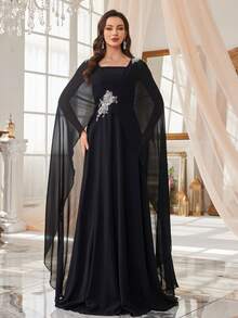 SUPGIR Đầm dạ hội trang trọng thanh lịch cổ vuông dài tay đính hạt sequin sang trọng eo hẹp cho nữ - màu đen - Xem 4