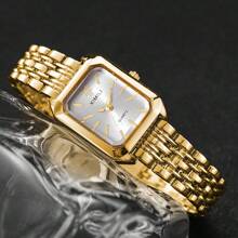 1pc Women's Steel Strap Casual Minimalist Square Dial Quartz Wristwatch + 1pc Love Bracelet, No Watch Box - 金色 - 查看 6