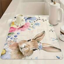 1pc Easter Element Multi-Color Flowers, Cute Rabbit Print Kitchen Countertop With Absorbent Dishwashing Mat, Dishwashing Mat, Kitchen Small Tools, Easy To Clean And Versatile