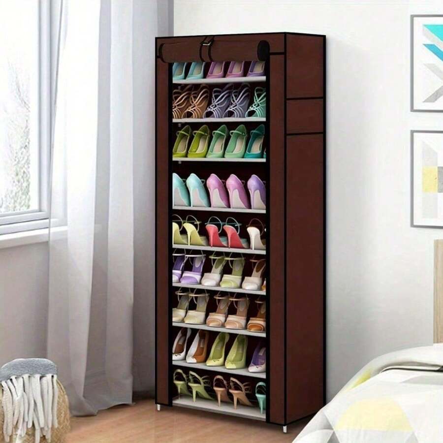 10 Layer Shoe Cabinet, Stackable Shoe Rack Storage Rack - Hand Assembled, With Non-Woven Fabric Shoe Cabinet, Stainless Steel Frame - Amarillo parduzco - Ver 1