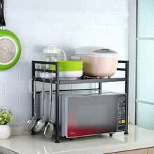 Expandable Microwave Shelf, 2-Tier, Standing Microwave Shelf, With 6 Hooks, Flexible Extendable From 40-65cm, For Worktop, Bakery Shelves, Kitchen Organizer - màu đen - Xem 5