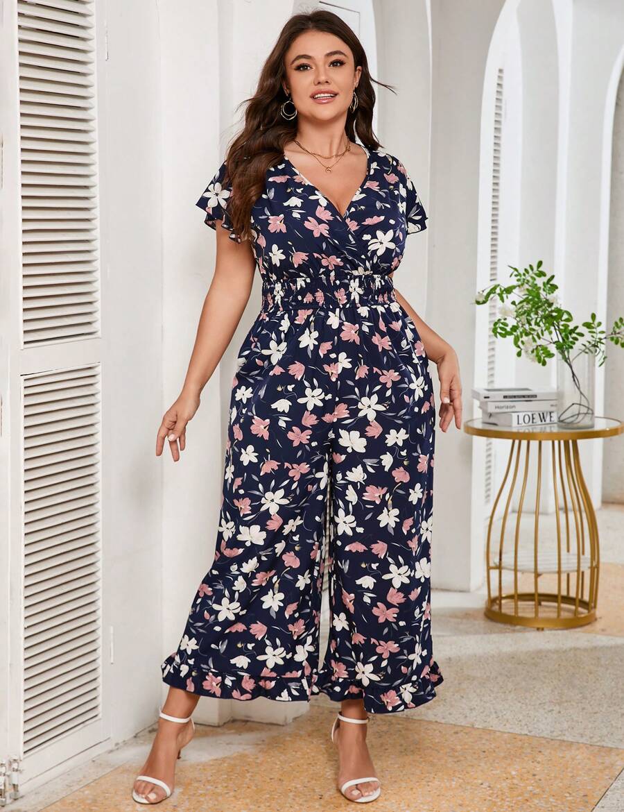 GoyRrbay Plus Size Loose Jumpsuits For Women Summer Short Sleeve One Piece Outfit Elastic Waist Wide Leg Floral Jumpsuits - Bản in màu xanh nước biển - Xem 1