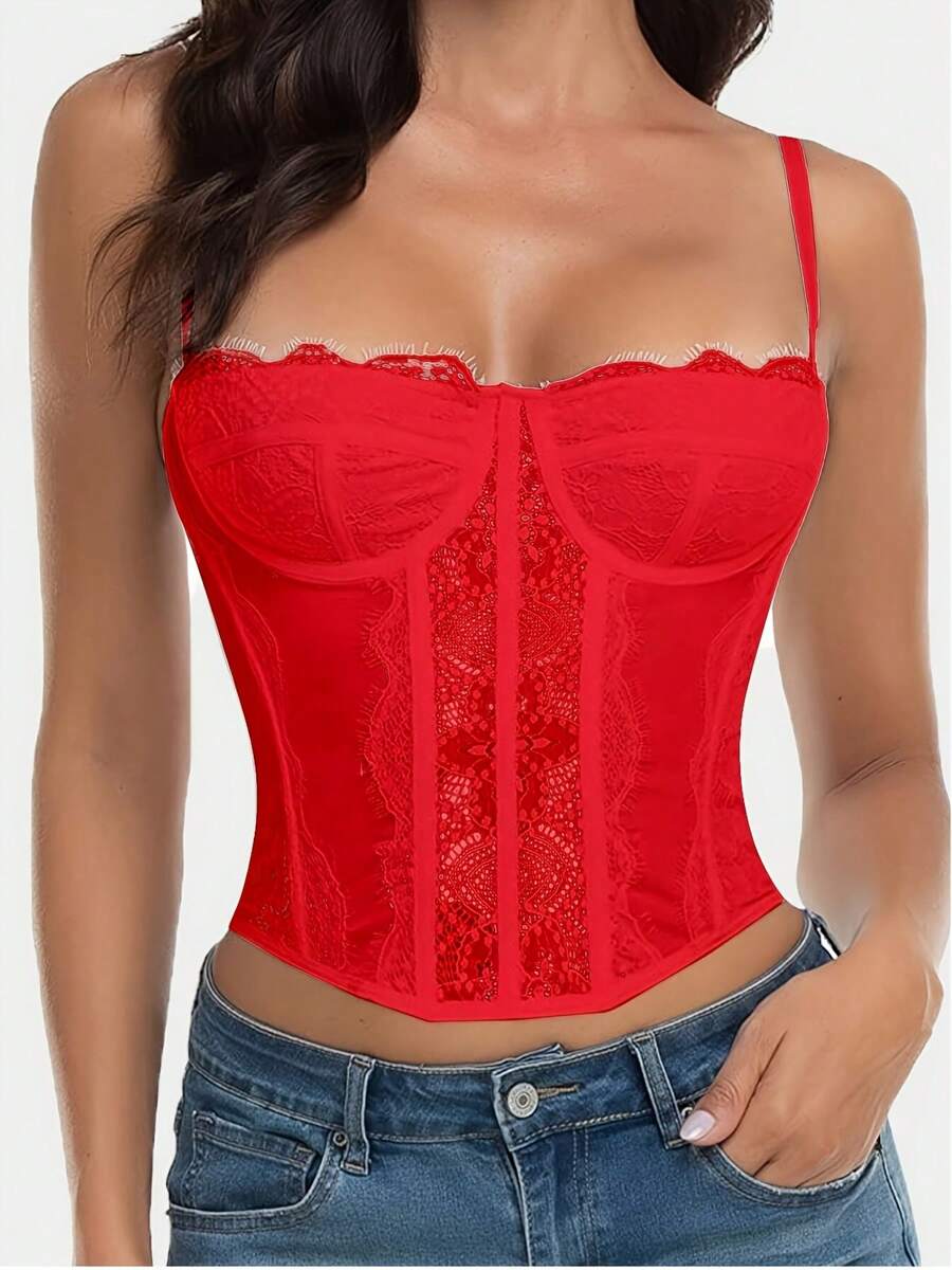 1pc Lace Bustier Corset Tops For Women Sexy Going Out Party Club Top With Buckle - 紅色 - 查看 1