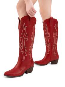 Womens Vintage Embroidered Western Boots Cowboy Knee High Boots Comfortable Pull On Side Zipper Chunky Heel Cowgirl  Retro Tall Boots - 紅色 - 查看 2