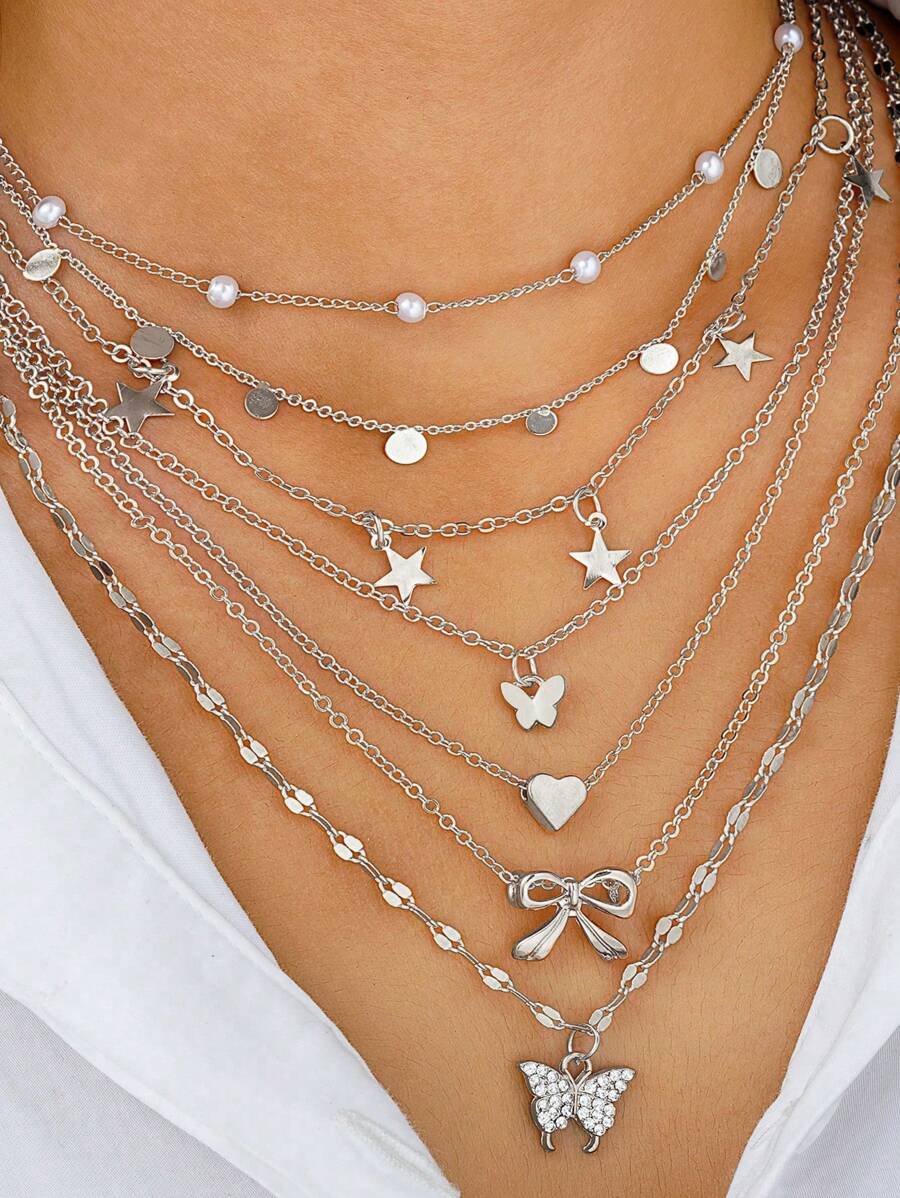 17KM 7pcs/Set Heart, Butterfly, Star, Bow Charm Necklace Set For Women, Suitable For Vacation, Date, Daily Wear & Gift - Silver - View 1