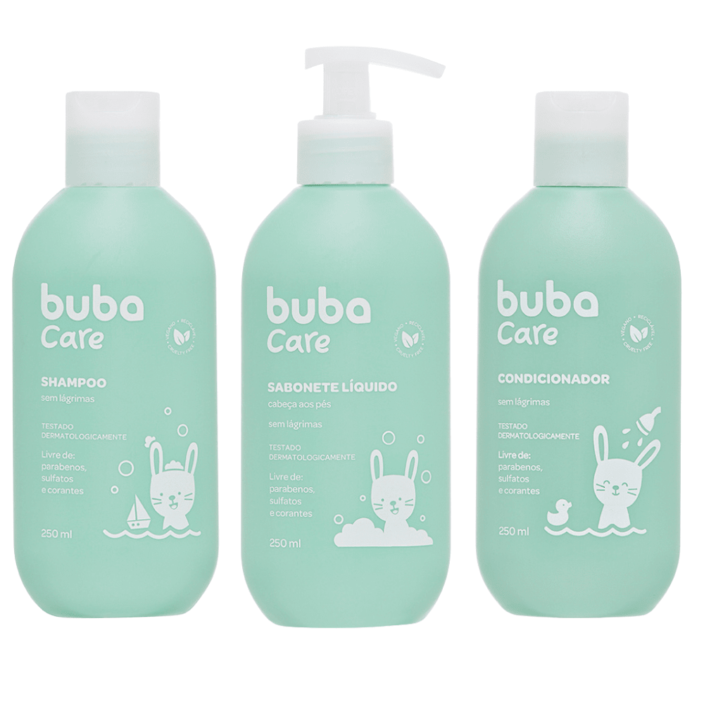 Kit banho shampoo, condicionador e sabonete líquido 250ml sem lágrimas para bebês e crianças Buba Care