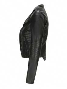Women's Fashion Black PU Leather Motorcycle Jacket, Lapel Collar, Full Zip And Pockets, Short Length Long Sleeve, Suitable For Autumn And Spring - Black - View 5