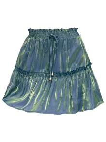 Women's Boho Short Skirt, Casual Elastic Waist Solid Color/Laser Print Ruffle Flared A-Line Skater Mini Skirt - Green - View 2