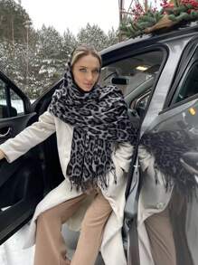 1pc Women Leopard Pattern Cashmere Scarf, Tasseled Warm Shawl Wrap, Suitable For Outdoor Wind-Proof And Cozy Daily Wear, Spring/Autumn - Black and Gray - View 9