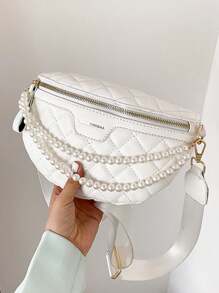 Faux Pearl Decor Quilted Bum Bag - White - View 7