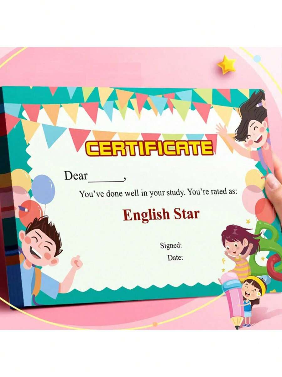 50张/150张A4英语证书，证书纸，英语表扬卡，卡通荣誉证书，学习用品，奖励贴纸，鼓励激励证书，英语证书，英语贴纸证书，返校学习用品装饰证书 - 彩色 - 查看 1