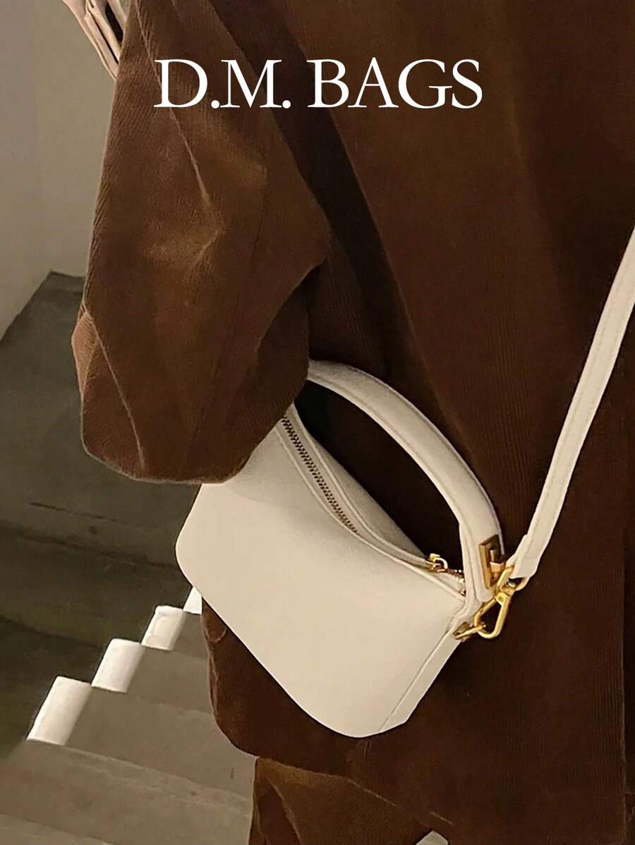 Metal Buckle Bento Lunch Box Handheld & Crossbody Small Square Bag - Beige - View 1