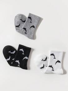 2/3 双装女士纯色海豚图案时尚简约街头运动中筒袜