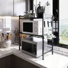 Expandable Microwave Rack, 3-Tier Kitchen Microwave Stand, Carbon Steel Microwave Holder For Countertop, Kitchen Storage Organizer With 6 Hooks - Black - View 3