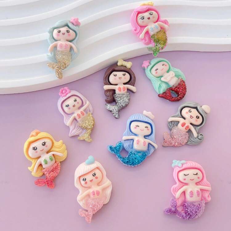 10pcs Mixed Mermaid Princess DIY Keychain, Earrings, Hair Accessories, Craft Decorations, Resin Supplies For Stationery, Phone Cases, Cups, Shoes, Refrigerator Stickers, Jewelry Making - Multicolor - View 10
