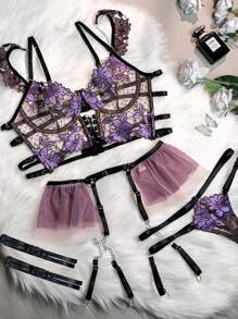 SOFUSEN Sexy Purple & Black Lingerie Set Women's Lace Trimmed Bra Multi-Layer Panty Garter Belt Lingerie Combo Underwear Set Sleepwear Nightwear Lace Lingerie For Women Plus Size Available Elegant Comfortable Fit - 紫色 - 查看 1