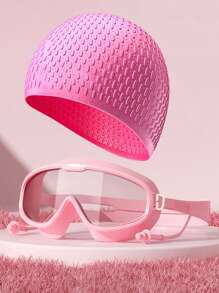 1 Stück Große Rahmen Schwimmbrille, wasserdichte antibeschlagende hochauflösende Schwimmbrille mit Ohrstöpseln, Silikon Schwimmbrille & Schwimmkappe, Unisex Erwachsene Professionelle wasserdichte bequeme Silikon Kappe, modische Große Größen Trainings Schwimmkappe