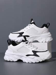 女士厚底休闲运动厚底运动鞋，皮革与网布组合透气轻便软底减震休闲运动鞋，韩版时尚