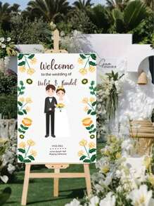 1pc Custom Personalized Wedding Poster, Personalized Outdoor Cartoon Cute Characters Wedding Welcome Plate, Elegant Custom Wedding Welcome Plate, Personalized Celebration Logo, Custom Name Date Location Poster, Can Be Used As Birthday Gifts, Anniversary Gifts, Commercial Signs, Scene Layout, Beautifully Decorated, Stylish And Simple, Modern Custom, Personalized, Unique Ideal Gift - Multicolor - View 3