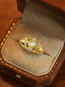 1 件 S925 纯银复古独特戒指女士珠宝女士精致锆石单戒指精美珠宝礼物送给女孩生日舞会派对日常生活约会装饰 - 金色 - 查看 1