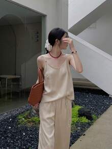 Women's V-Neck Solid Color Loose Casual Tank Top - Apricot - View 5