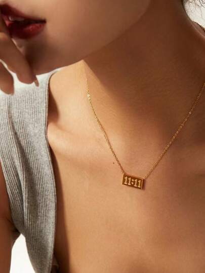 1pc Stainless Steel Double Eleven Number Plate Necklace, Personalized Creative Daily Wear For Women