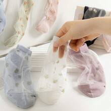 5 Pairs Women's Summer Crystal Mesh Socks, Lightweight Breathable Glass Crystal Socks With Embroidered Ditsy Floral Details, Machine Washable, Cute Invisible Boat Socks, Ladies Stockings And Socks