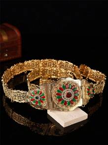 1pc Moroccan Luxury Women Long Robe With Gold Belt, Featuring Circular Floral Pattern Hollow Carving Inlaid With Abundant Rhinestones, Suitable For Females To Wear At Wedding Ceremony, Gala Dinner And Festival Occasions - Gold + White - View 2