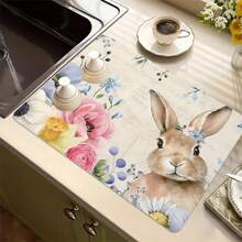 1pc Easter Element Multi-Color Flowers, Cute Rabbit Print Kitchen Countertop With Absorbent Dishwashing Mat, Dishwashing Mat, Kitchen Small Tools, Easy To Clean And Versatile