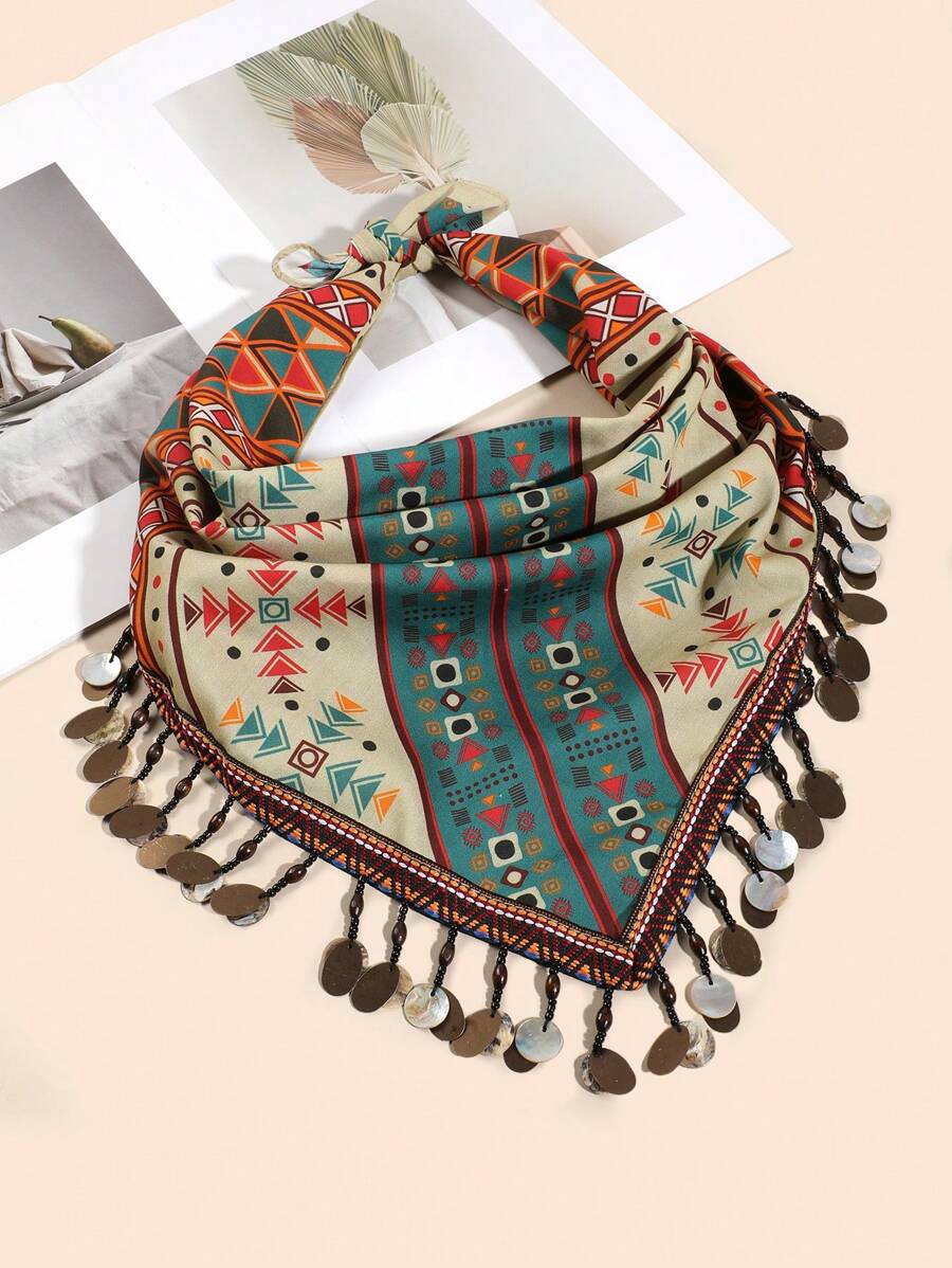 1 Khăn Bandana họa tiết Paisley Bohemian lấp lánh và tua rua trang trí thường ngày dành cho nữ, thích hợp cho du lịch, ngày lễ, ngoài trời, trang phục dự tiệc - Nhiều màu - Xem 1