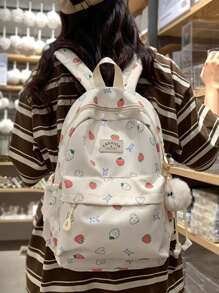 Simple Daily Backpack, Cute Kawaii Strawberry Print Backpack - Large Capacity Student School Bag, Multi-Compartment Casual Nylon Travel School Bag, Plush Pendant - Suitable For School Commuting, School Bag, Portable, Laptop Compartment - Multicolor - View 2