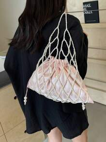 1pc Handmade Beaded Rhombus Weave Pearl Fishing Net Style Handbag, Sweet And Elegant Design For Women, Suitable For Summer Beach Vacation (With Drawstring Inner Pouch)