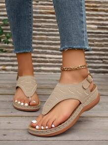 Women Summer New Khaki Plus Size Metallic Buckle Thong Sandals, Fashion Comfortable Elegant Casual Beach Platform Flip Flops - Embroidered Hollow Out Design Wedge Heel Open Toe Slip On Sandals, Women Flat Sandals, Summer Shoes, Match With Skinny Pants, Dresses, Shorts, Skirts For Valentine's Day, Mother's Day, Party, Holiday, Travel, Vacation, Daily Wear, Lightweight, Comfortable, Breathable, Indoor, Outdoor, Fashion Casual, Versatile, Beach Shoes, Women Fashionable Platform Wedge Heel Sandals