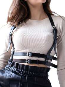 1 件女式可调节 PU 皮革哥特式吊袜带，摇滚狂欢节服装 - 黑色 - 查看 2