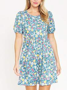 Black Yellow Ditsy Floral Puff Short Sleeve Wrap Tie Surplice V Neck  Mini Dress Swing Southern Dress | Small -3 XL - Màu xanh lam - Xem 6